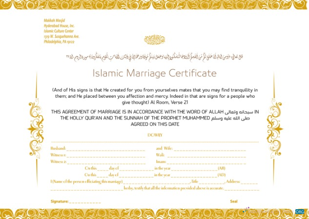 Download Pennsylvania Islamic culture center islamic marriage certificate Photoshop template